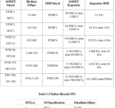 Tabel 1.1 Daftar Hirarki SONET/SDH harga yang paling umum 