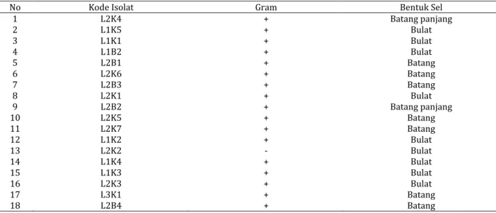 Tabel 3. Hasil pengamatan pewarnaan Gram dan bentuk sel bakteri pengoksidasi besi dan sulfur 