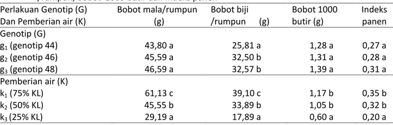 Tabel  5.  Pengaruh  genotip  dan  pemberian  air  terhadap  bobot  malai/  rumpun,  bobot  biji   /rumpun, bobot  1000 butir dan indeks panen 