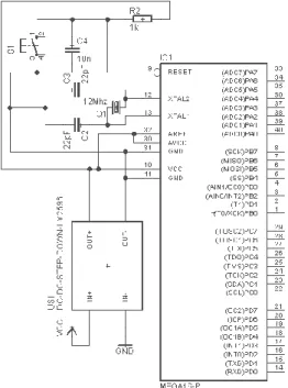 Gambar 1.7 Skema Rangkaian Regulator LM2596 dengan Mikrokontroler  Berikut  ini  penjelasan  skema  wiring  rangkaian  regulator  dengan  mikrokontroler pada Gambar 3.7