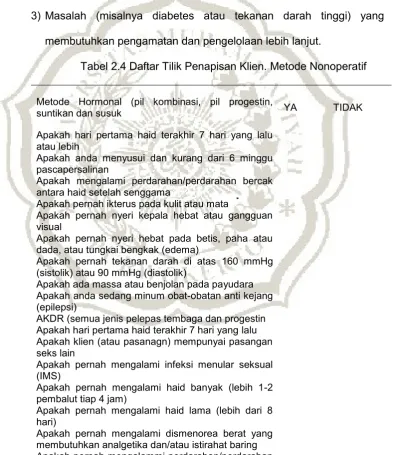 Tabel 2.4 Daftar Tilik Penapisan Klien. Metode Nonoperatif 
