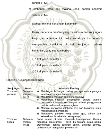 Tabel 2.2 Kunjungan Kehamilan  