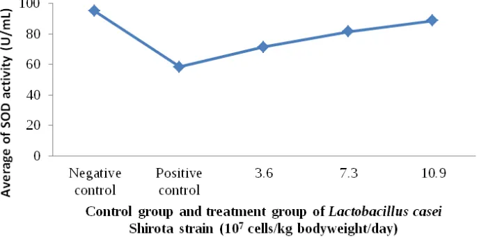 Figure 3. The result of SOD activity in rats’ aorta with high cholesterol diet and after by probiotic of Lactobacillus casei Shirota strain 