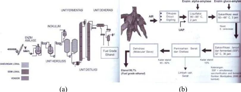 Gambar 2.3   (a) Proses pembuatan bioetanol dari bahan berpati, (b) Diagram alir 
