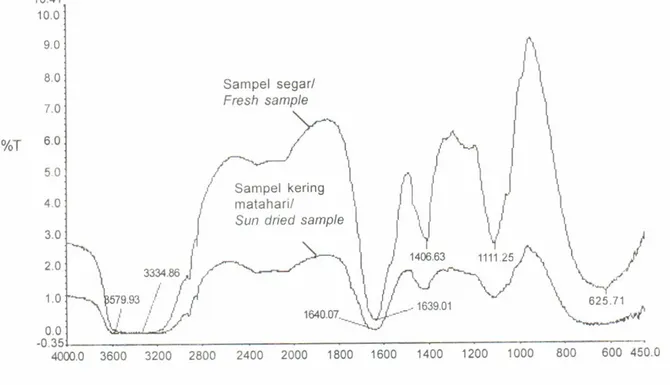 Grafik  pada Gambar  2  memperlihatkan  bahwa daerah yang mengalami  perubahan  tertinggi  adalah daerah  panjang  gelombang  antara  240-270  nm, yaitu daerah  penyerapan  gugus-gugus  rangkap   terkonJU-gasi,  seperti konjugasi  linear,  dan  sikloheksan