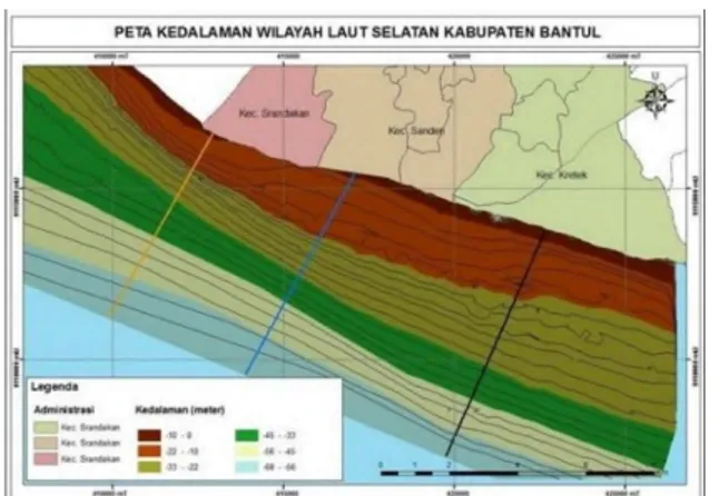 Gambar 2.5 Peta Batimetri Kedalaman Wilayah Laut Selatan  Kabupaten Bantul Yogyakarta