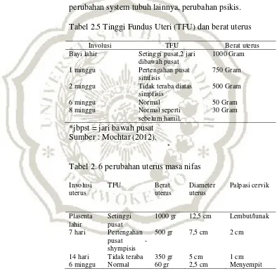 Tabel 2.5 Tinggi Fundus Uteri (TFU) dan berat uterus 