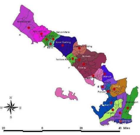 Gambar 3.2. Peta Kabupaten Tapanuli Tengah berdasarkan kecamatan Sumber: BPS Kabupaten Tapanuli Tengah 