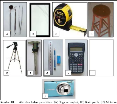 Gambar 10.  Alat dan bahan penelitian. (A) Tiga serangkai, (B) Kain putih, (C) Meteran, (D) Kursi, (E) Tripod, (F) Kaliper digital, (G) Alat tulis, (H) Kalkulator, (I) Kertas foto, (J) Kamera 