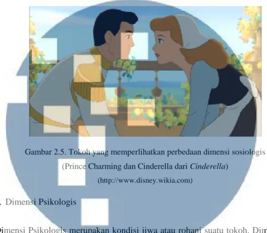Gambar 2.5. Tokoh yang memperlihatkan perbedaan dimensi sosiologis  (Prince Charming dan Cinderella dari Cinderella)  