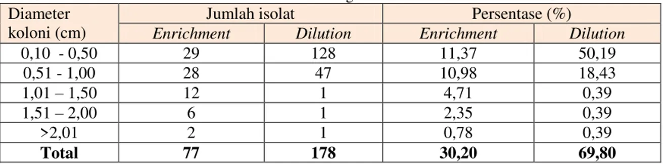 Tabel 1. Diameter koloni isolat bakteri hasil isolasi dengan metode enrichment dan dilution  Diameter 