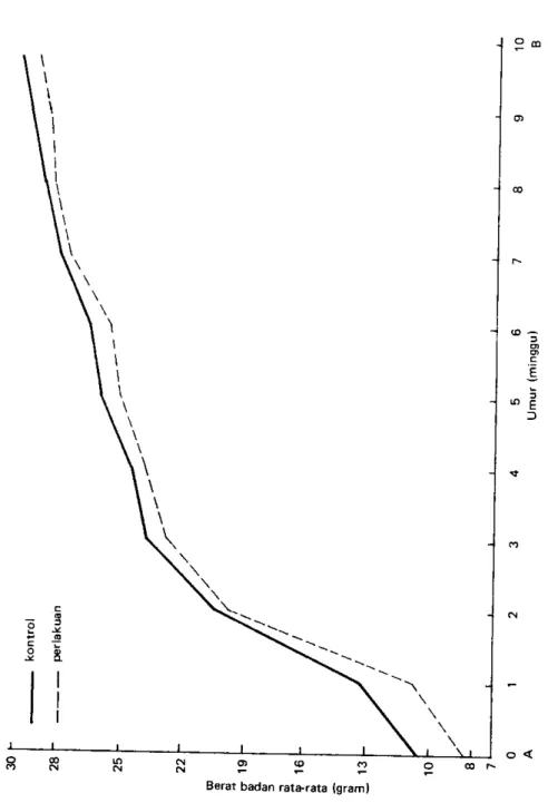 Gambar 2  Perkemb€ngan  berat badan rata-rata anak mencit sejak disapih {A) sampai dengan dikawinkan (B), yang induknya mendapat perrakuan dengan Basazinon 4sl30  EC pada dosis 22 mg/kg