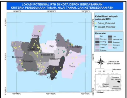 Gambar 6. Lokasi potensial RTH berdasarkan penggunaan tanah, nilai tanah dan ketersediaan RTH  (Sumber: Diolah dari Abdurrohim (2017)  