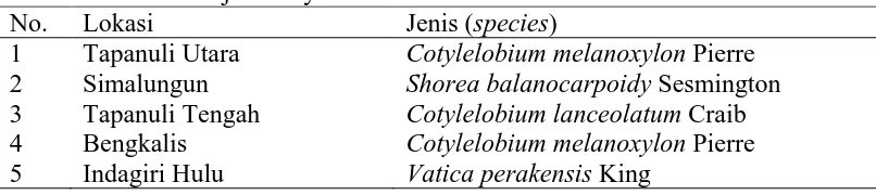 Tabel 1. Lokasi dan jenis kayu raru Lokasi Tapanuli Utara 