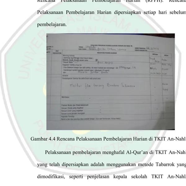 Gambar 4.4 Rencana Pelaksanaan Pembelajaran Harian di TKIT An-Nahl  Pelaksanaan pembelajaran menghafal Al-Qur’an di TKIT An-Nahl  yang  telah  dipersiapkan  adalah  menggunakan  metode  Tabarrok  yang  dimodifikasi,  seperti  penjelasan  kepala  sekolah  T