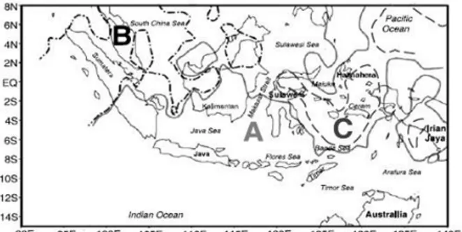 Gambar 1. Tiga wilayah iklim di Indonesia. Wilayah  A (monsun) garis hitam, Wilayah B (ekuatorial) garis 