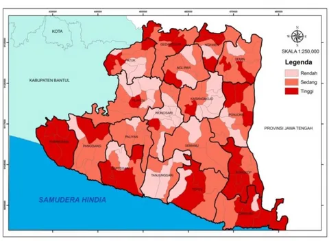 Gambar 2 menunjukkan peta pola spasial  IKG di Kabupaten Gunungkidul. Hasil  analisis menunjukkan bahwa 38 desa termasuk dalam klasifikasi rendah, 64 desa  (sedang)  dan  42  desa  berklasifikasi  tinggi