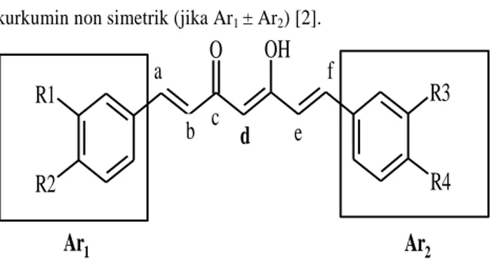 Gambar 1. Struktur umum kurkuminoid  Sintesis  senyawa  analog  kurkumin  pada  dasarnya  dilakukan  dalam  rangka  untuk  mendapatkan  keragaman  aktivitas  dan  variasi  penggunaan  senyawa  analog  kurkumin  yang  lebih  luas