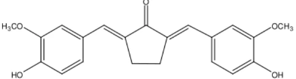 Gambar  2.  Struktur  kimia  2,5-bis-(4'-hidroksi-3'- 2,5-bis-(4'-hidroksi-3'-metoksienzilidin)-siklopentanonatau PGV-0