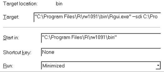 Gambar 1.6: Modiﬁkasi File shortcut RSciViews.lnk. Untuk mengakomodasi versiR di atas 1.9.0 perlu dilakukan modiﬁkasi dengan menulis nama di-rektori sesuai versi R