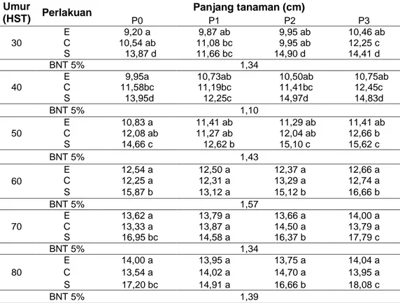 Tabel  1.  Rerata  Panjang  Tanaman  Stroberi  mulai  30  HST  sampai  dengan  80  HST  dengan Perlakuan Varietas dan Naungan  
