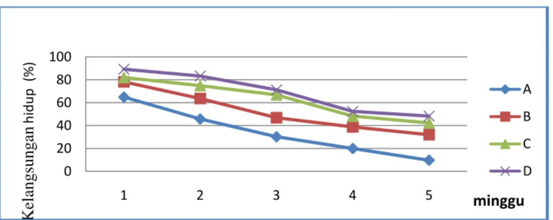 Tabel 1.Kelangsungan hidup  ikan sidat uji selama 5 minggu pada setiap perlakuan  Perlakuan  Kelangsungan hidup (%) 