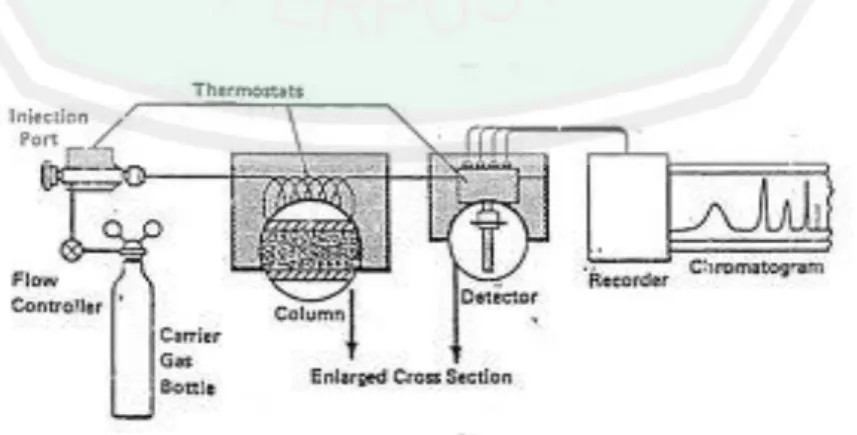 Diagram  skematik  peralatan  kromatografi  gas  ditunjukkan  pada  gambar  2.11  dengan  komponen  utama  adalah  kontrol  dan  penyedia  gas  pembawa,  ruang  suntik  sampel,  kolom  yang  diletakkan  dalam  oven  yang  dikontrol  secara  termostatik,  s