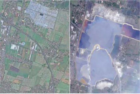 Gambar. Dampak dari Lupsi. Kiri adalah gambaran citra satelit sebelum erupsi (6 Oktober 2006) sebelah kanan pandangan yang sama satu tahun kemudian (22 September 2007)