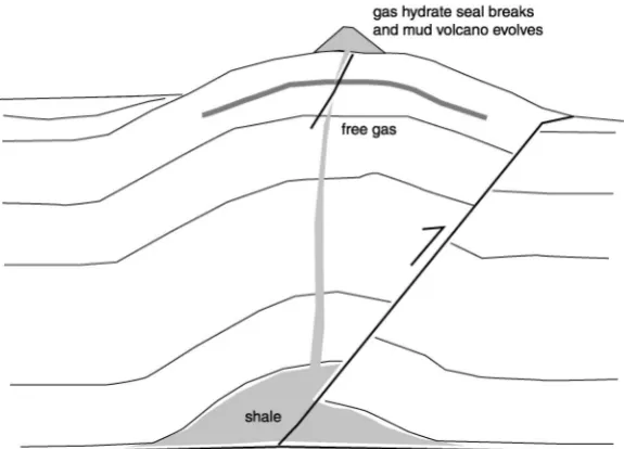 Figure 6a.Model for MV evolution proposed by Reed et al. [1990] for a seal of massive gas hydratedestroyed by deep, warm ﬂuid, reprinted with permission from Elsevier Science.