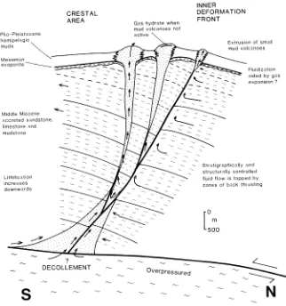 Figure 10. Revised model of mud volcanism on the Mediterranean Ridge accretionary complex, sup-ported by petrographic and mineralogic data from Leg 160
