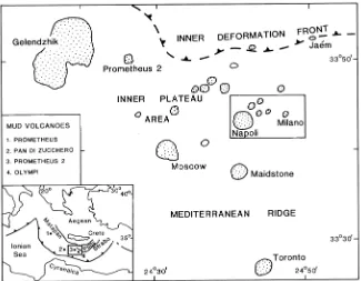 Figure 1. Outline tectonic setting of the Milano (Site 970) and Napoli (Site971) mud volcanoes on the Mediterranean Ridge south of Crete