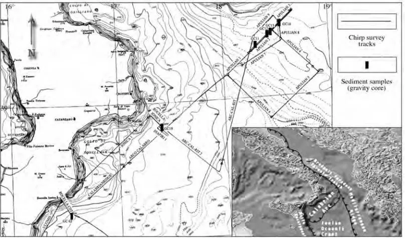 Fig. 1. Map of Northern Ionian Sea, showing the chirp lines and the main core locations, obtained during theUrania cruise, with the main structural tectonics elements of the Central Mediterranean region shown in the rightdown corner