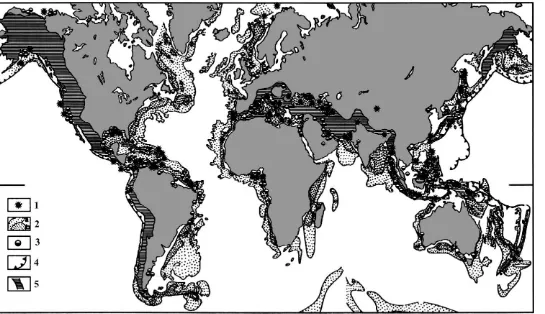 Fig. 5. World geographical distribution of mud volcanoes. 1—single mud volcanoes, separated mud volcano areas and mud volcano belts; 2—sediment thickness in the areas out of