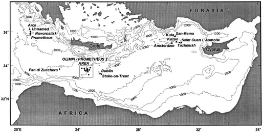 Figure 1. Location of the Mediterranean Ridge mud volcanoes (isobaths every 1000 m). See Figure 2 for detailed position of the mud volcanoes of the Olimpi/Prometheus 2 Area.