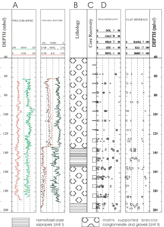 Figure 2. A.reconstructed lithology column. deep induction resistivity log (ILD) in  Conventional logs, Hole 970A: sonic log (SONI), in µs/ft, computed gamma-ray log (CGR) in API units, neutron log (TNPH) in porosity units, microspherically focused log (MS