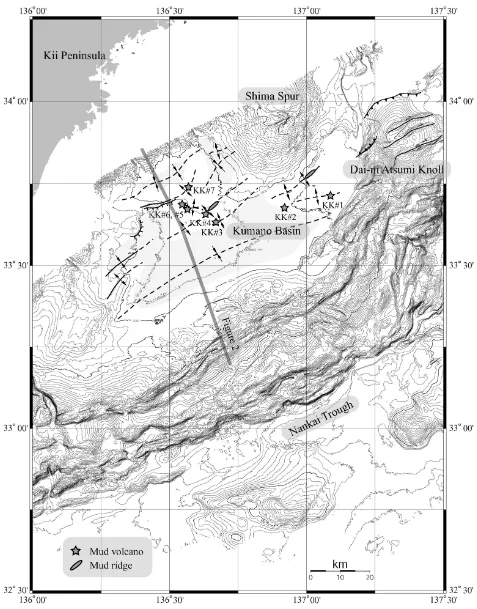 Figure 1: Interpretation map of geologic structure in the Kumano Basin.  