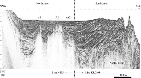 Figure 2: A transect seismic cross-section in the middle part of the Kumano Basin. The profile is combined a METI’s line and a IFREE’s line