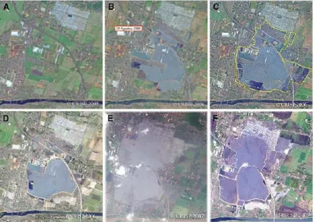 Gambar 4. Pilihan foto-foto satelit dari Oktober 2005 sampai Mei 2007 memperlihatkan pertumbuhan progresif dari genangan Lusi