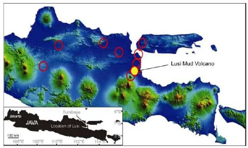 Gambar. 1 Topografi Jawa Timur dengan lokasi Lusi dan mud volcano lainnya diperlihatkan dengan lingkaran merah