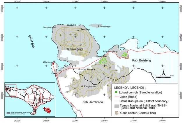 Gambar 2. Lokasi penelitian di Taman Nasional Bali Barat (TNBB) Figure 2. Research location in Bali Barat National Park