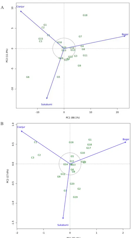 Gambar 1. Biplot pengaruh interaksi model AMMI2 pada karakter produktivitas rimpang per rumpun (A) dan laju fotosintesis (B) 20  genotipe temu hitam (G1-G20) dan 3 varietas temulawak (C1-C3 = Cursina 1, 2 dan 3) yang diuji pada tiga lokasi berbeda
