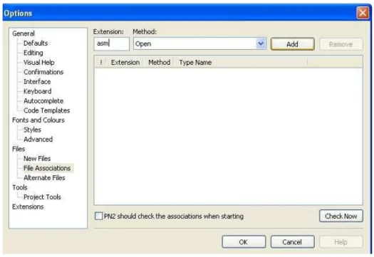Gambar 7. Pengaturan Default Programmer’s Notepad dengan  mengetikkan asm dan click add pada tab File associations 