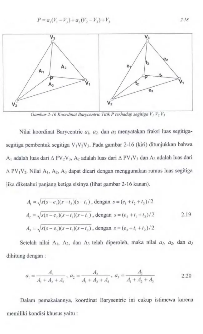 Gambar 2-16 Koordinat Barycentric Titik P lerhadap segitiga V 1  V&#34;  V; 