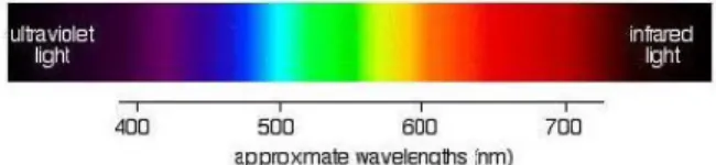 Gambar 2.1 Spektrum cahaya tampak, menunjukan  interval panjang gelombng untuk berbagai warna 