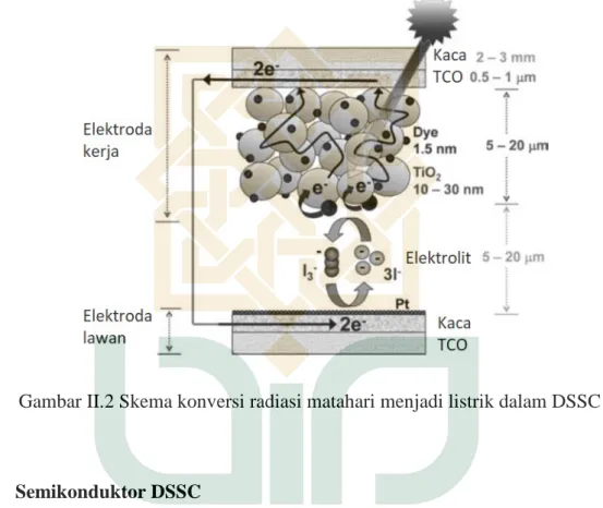 Gambar II.2 Skema konversi radiasi matahari menjadi listrik dalam DSSC 
