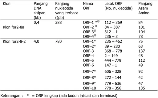 Tabel 1 Analisis Hasil Penentuan Urutan Nukleotida Dimer 2,8 kb  Klon Panjang  DNA  sisipan  (kb)  Panjang  nukleotida  yang terbaca ((pb)  Nama ORF  Letak ORF   (No