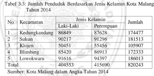 Tabel  3.3:  Jumlah  Penduduk  Berdasarkan  Jenis  Kelamin  Kota  Malang  Tahun 2014 
