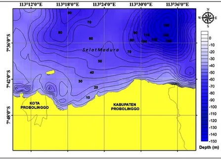Gambar 1. Lokasi penelitian dan profil kedalaman perairan.