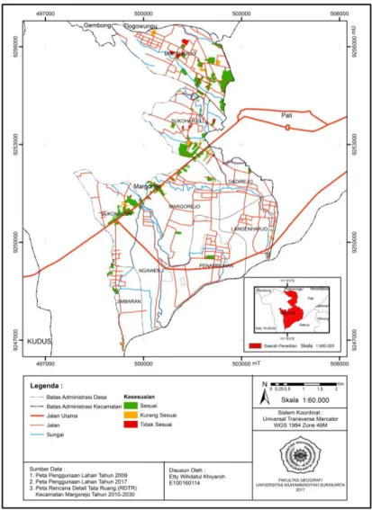 Gambar 1 Peta kesesuaian perubahan penggunaan lahan dengan RDTR  Kecamatan Margorejo 