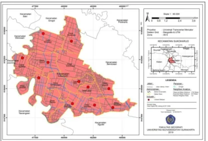 Gambar 1. Peta Sebaran Home Industri Bakpao di Kecamatan Sukoharjo  Sumber: Penulis, 2019 